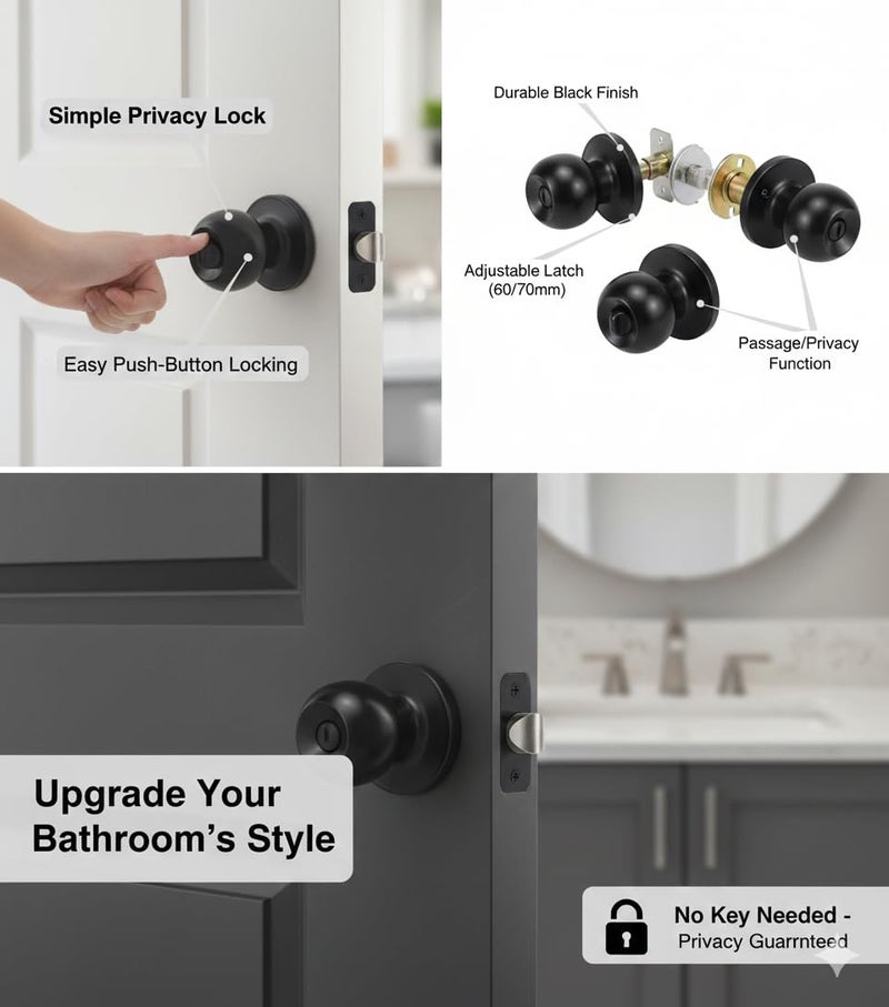 VESPERPRO Keyless Door Knob Lock, Matt Silver, 60 mm Backset, Cylindrical Tubular Handle for Bathroom and Balcony with SS MATT, Antique, Black, Rose Gold, Gold Finish (MAT Black) - Image 5