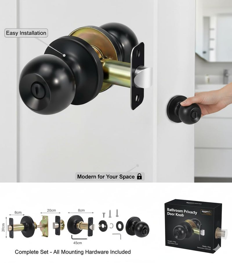 VESPERPRO Keyless Door Knob Lock, Matt Silver, 60 mm Backset, Cylindrical Tubular Handle for Bathroom and Balcony with SS MATT, Antique, Black, Rose Gold, Gold Finish (MAT Black) - Image 4
