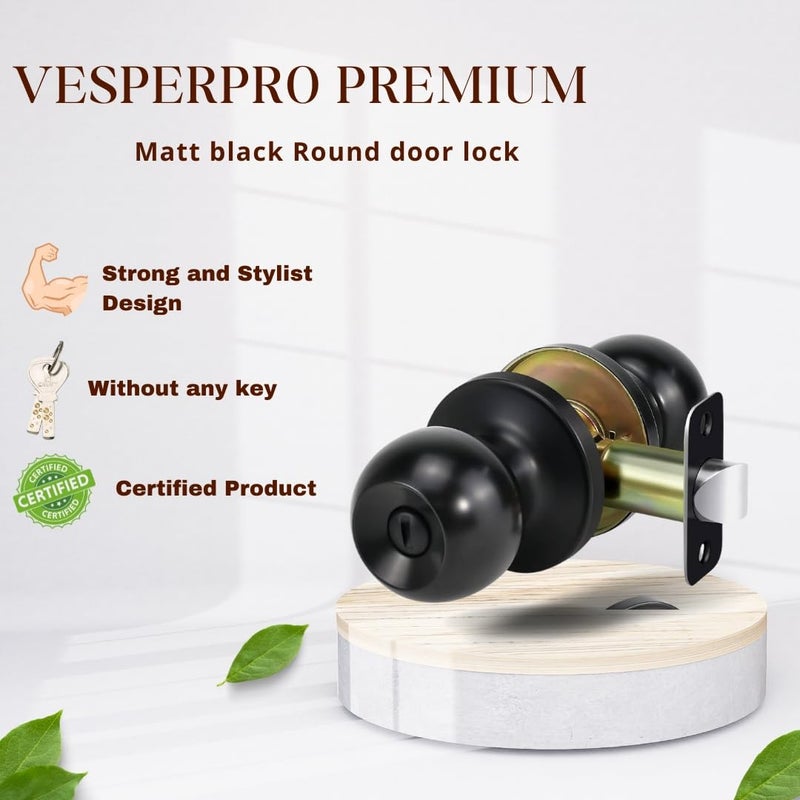VESPERPRO Keyless Door Knob Lock, Matt Silver, 60 mm Backset, Cylindrical Tubular Handle for Bathroom and Balcony with SS MATT, Antique, Black, Rose Gold, Gold Finish (MAT Black) - Image 2