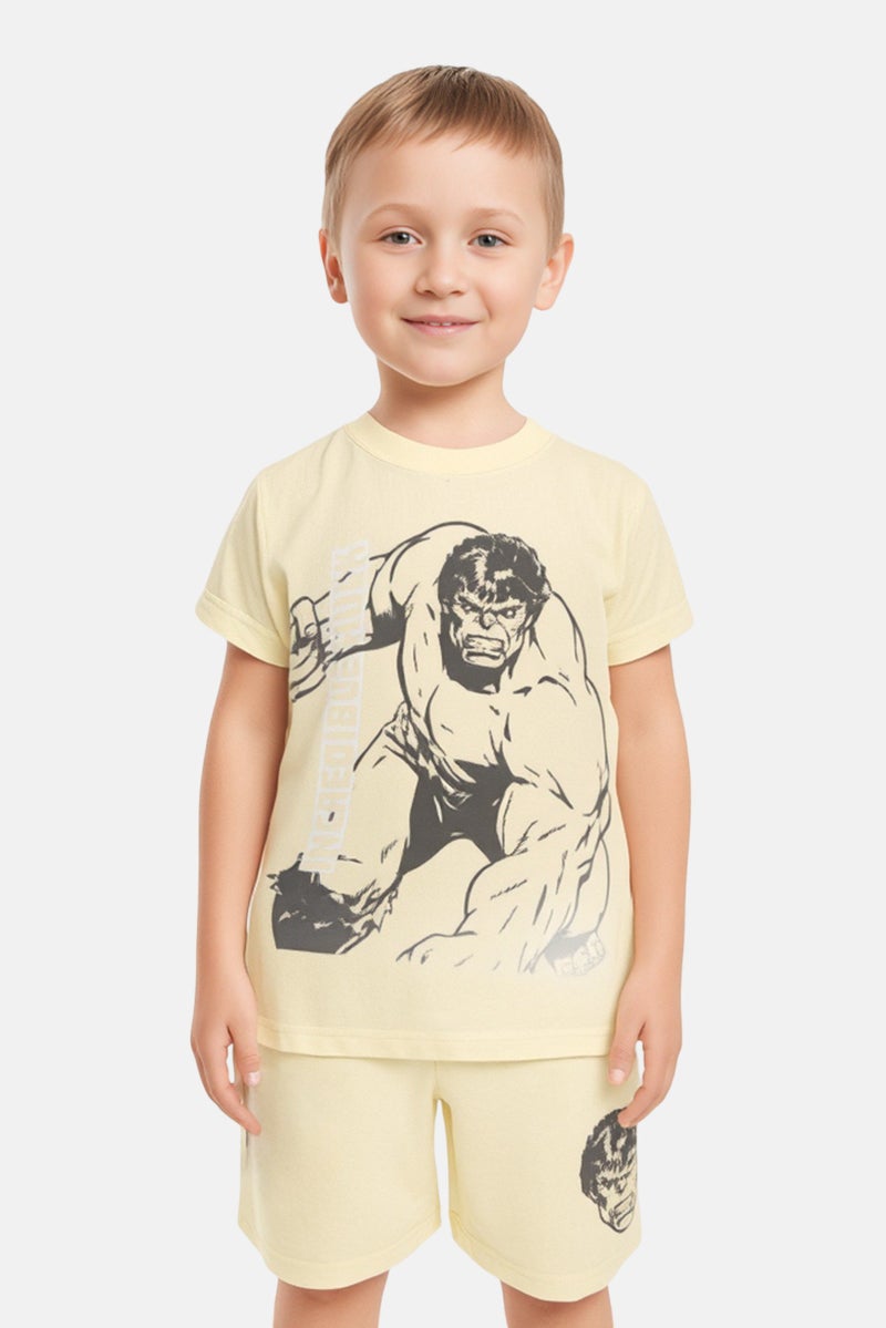 MARVEL Avengers Kids Boy 2 Pcs Crew Neck Graphic Print T-Shirt And Shorts Set, Light Yellow - Image 1
