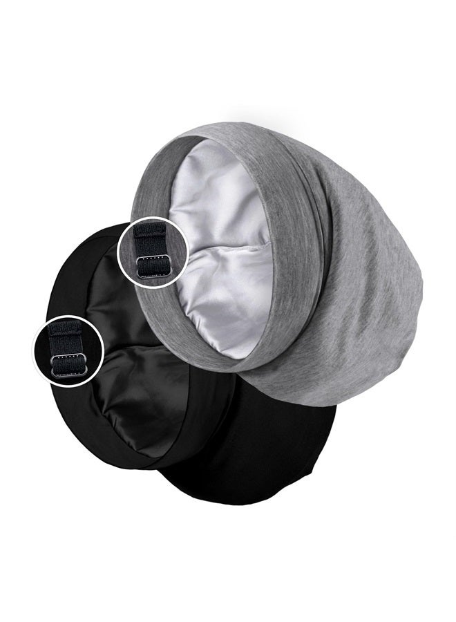 PARISBELLA Satin Lined Sleep Cap Bonnet for Curly Hair and Braids, Stay On All Night Hair Wrap with Adjustable Strap for Women and Men, Black and Grey, Pack of 2 - Image 1