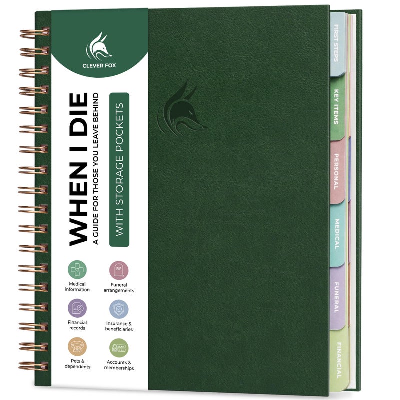 Clever Fox When I Die Planner With Pockets for Documents â€“ End-of-Life Organizer Binder for Important Personal Info & Final Wishes (Dark green) - Image 1