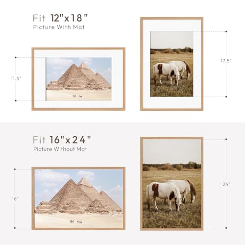 wallwisy 16x24 Wood Frame, Solid Oak 16x24 Poster Frames with Mat to 12x18(Openning Size is 11.7x17.7), Natural Oak 24x16 Frame, Set of 1 - Image 3