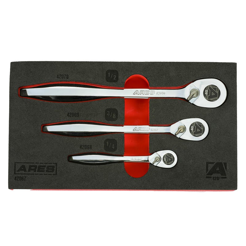 ARES 42067 120 Tooth Ratchet Set 14Inch 38Inch and 12Inch Drive 3 Degree Swing Arc Reversible Ratcheting Mechanism Ergonomic Handle and Professional Gear Structure - Image 2