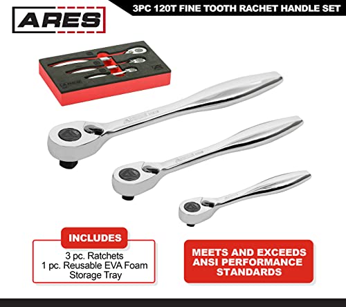 ARES 42067 120 Tooth Ratchet Set 14Inch 38Inch and 12Inch Drive 3 Degree Swing Arc Reversible Ratcheting Mechanism Ergonomic Handle and Professional Gear Structure - Image 3