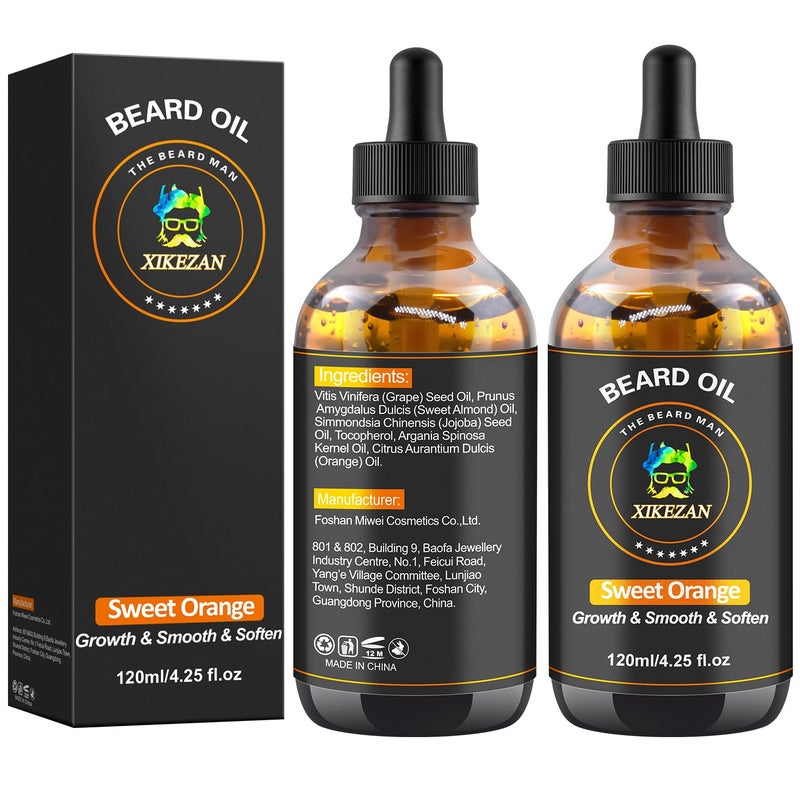 XIKEZAN Beard Oil,120ml/4.25fl.oz Oil Promote Large Volume Beard Growth,Leave in Conditioner Beard Care Natural Sweet Orange Scent Mustaches Growth Soften Strength,Gifts for Men Him Dad - Image 1