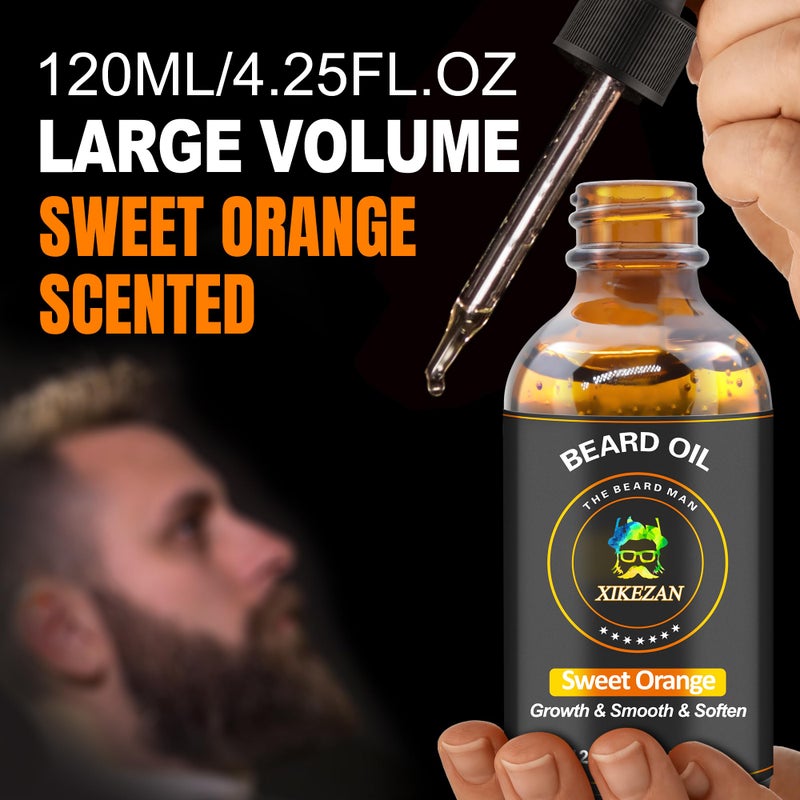 XIKEZAN Beard Oil,120ml/4.25fl.oz Oil Promote Large Volume Beard Growth,Leave in Conditioner Beard Care Natural Sweet Orange Scent Mustaches Growth Soften Strength,Gifts for Men Him Dad - Image 3