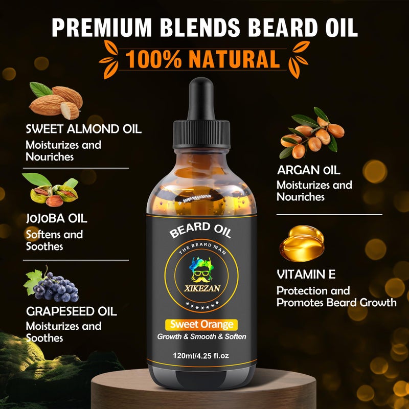 XIKEZAN Beard Oil,120ml/4.25fl.oz Oil Promote Large Volume Beard Growth,Leave in Conditioner Beard Care Natural Sweet Orange Scent Mustaches Growth Soften Strength,Gifts for Men Him Dad - Image 4