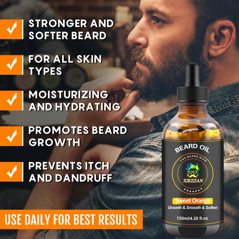 XIKEZAN Beard Oil,120ml/4.25fl.oz Oil Promote Large Volume Beard Growth,Leave in Conditioner Beard Care Natural Sweet Orange Scent Mustaches Growth Soften Strength,Gifts for Men Him Dad - Image 5