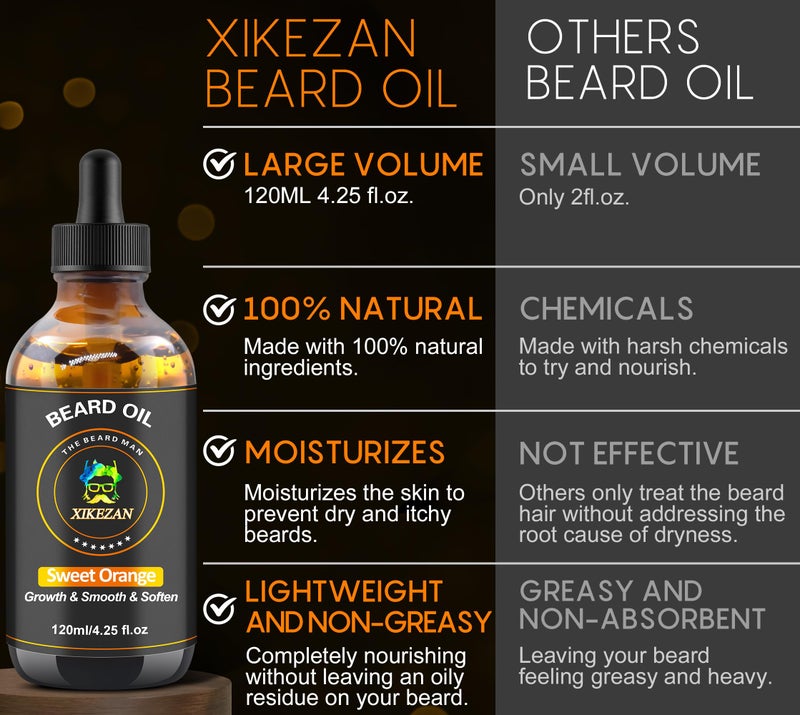 XIKEZAN Beard Oil,120ml/4.25fl.oz Oil Promote Large Volume Beard Growth,Leave in Conditioner Beard Care Natural Sweet Orange Scent Mustaches Growth Soften Strength,Gifts for Men Him Dad - Image 2