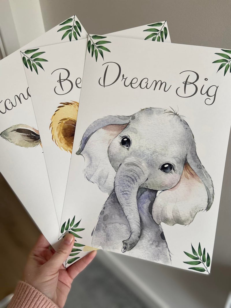 Eviepops Prints Baby Safari Animals for Girl or Boy Nursery Bedroom, Set of 3 Unframed Wall Art Prints, Jungle Leaves Quote Posters, Nursery Decor Gift, Giraffe Elephant Lion, Stand Tall Dream Big Be Brave (8x10) - Image 4