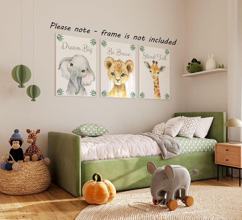 Eviepops Prints Baby Safari Animals for Girl or Boy Nursery Bedroom, Set of 3 Unframed Wall Art Prints, Jungle Leaves Quote Posters, Nursery Decor Gift, Giraffe Elephant Lion, Stand Tall Dream Big Be Brave (8x10) - Image 5