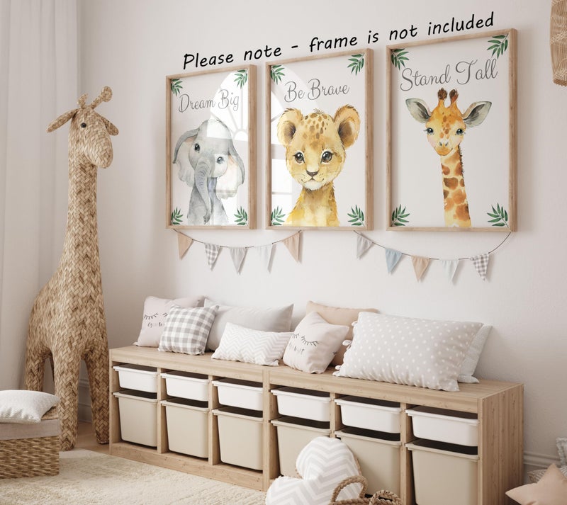 Eviepops Prints Baby Safari Animals for Girl or Boy Nursery Bedroom, Set of 3 Unframed Wall Art Prints, Jungle Leaves Quote Posters, Nursery Decor Gift, Giraffe Elephant Lion, Stand Tall Dream Big Be Brave (8x10) - Image 3
