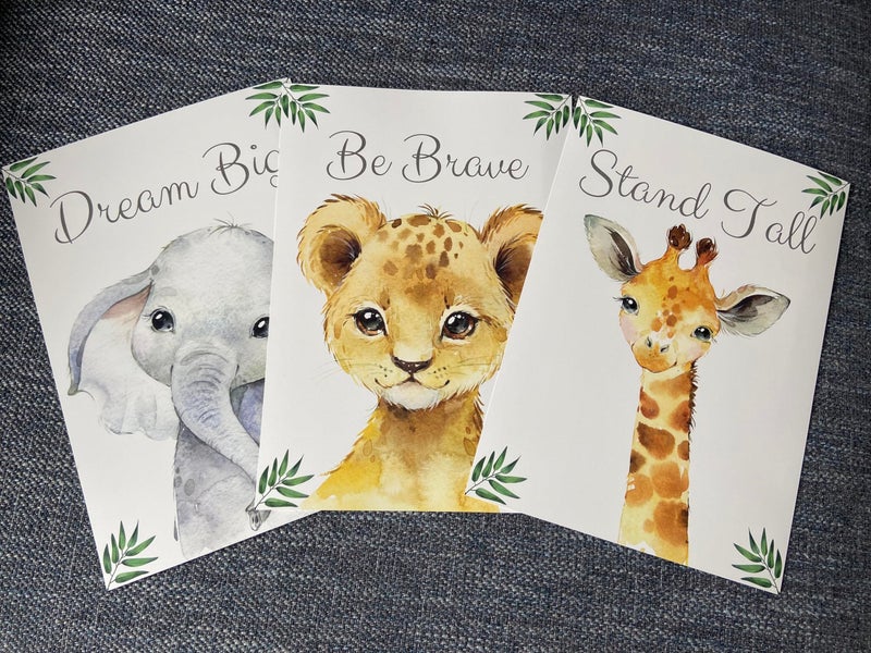 Eviepops Prints Baby Safari Animals for Girl or Boy Nursery Bedroom, Set of 3 Unframed Wall Art Prints, Jungle Leaves Quote Posters, Nursery Decor Gift, Giraffe Elephant Lion, Stand Tall Dream Big Be Brave (8x10) - Image 2