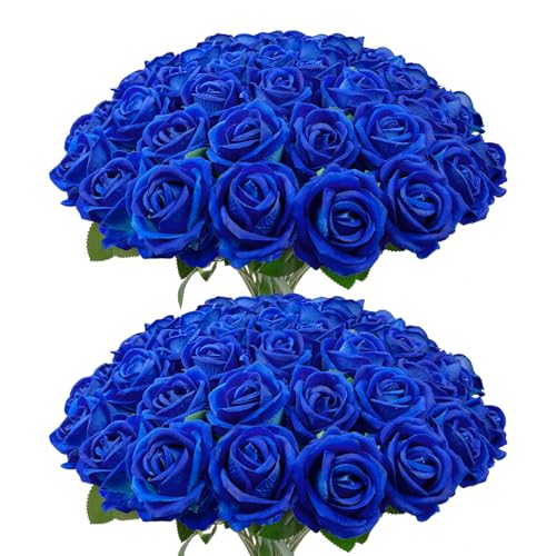 Wondrus Bulk Artificial Flowers 50 PCS, Fake Velvet Silk Blue Roses with Long Stems Realistic Bouquet for Wedding Centerpieces, Faux Arrangement for Home Table Decor - Image 1