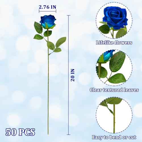 Wondrus Bulk Artificial Flowers 50 PCS, Fake Velvet Silk Blue Roses with Long Stems Realistic Bouquet for Wedding Centerpieces, Faux Arrangement for Home Table Decor - Image 3