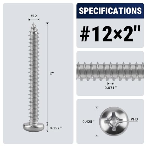 RoyceMart #12 x 2 (50 Pack) Stainless Steel Phillips Pan Head Wood Screws, Stainless Steel 304 (18-8), Pan Head Sheet Metal Screws Self Tapping for Wood - Image 2