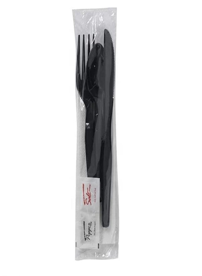 Supellectilem 250 Plastic Cutlery Packets-Knife Fork Spoon Napkin Salt Pepper Sets|Black Silverware Sets Individually Wrapped Kits, Utensil Set Disposable Bulk To Go, 250-BCP-KFSSP - Image 3