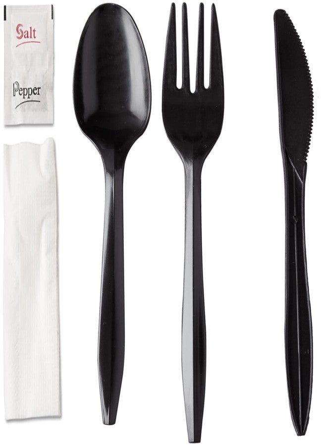 Supellectilem 250 Plastic Cutlery Packets-Knife Fork Spoon Napkin Salt Pepper Sets|Black Silverware Sets Individually Wrapped Kits, Utensil Set Disposable Bulk To Go, 250-BCP-KFSSP - Image 2