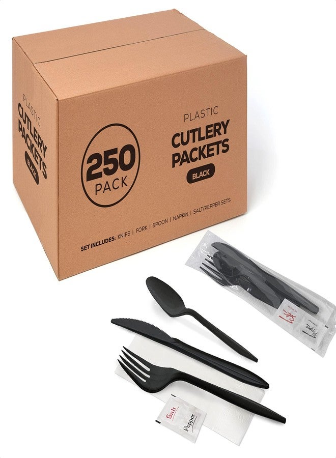 Supellectilem 250 Plastic Cutlery Packets-Knife Fork Spoon Napkin Salt Pepper Sets|Black Silverware Sets Individually Wrapped Kits, Utensil Set Disposable Bulk To Go, 250-BCP-KFSSP - Image 1