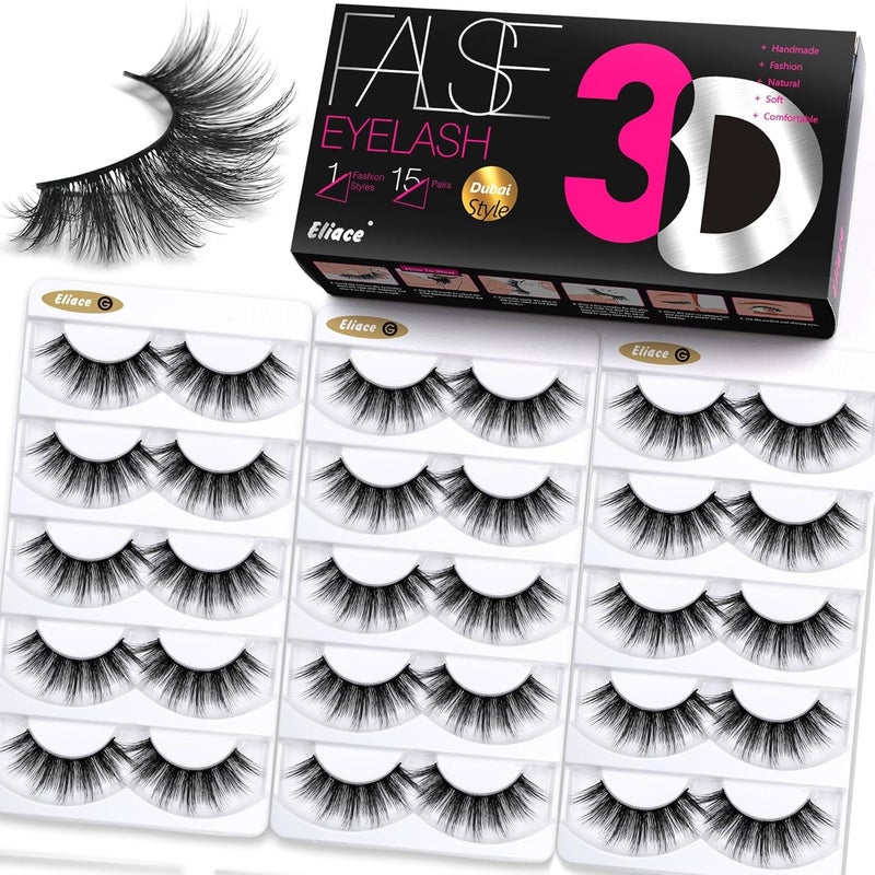 Eliace False Eyelashes Natural look Cat Eye Lashes Wispy Strips,3D Mink Lashes Fake Eyelashes Fluffy Volume Dramatic Thick Cross Wispies Lash Thin Soft Band Comfortable 14mm,15 Pairs Dubai Style