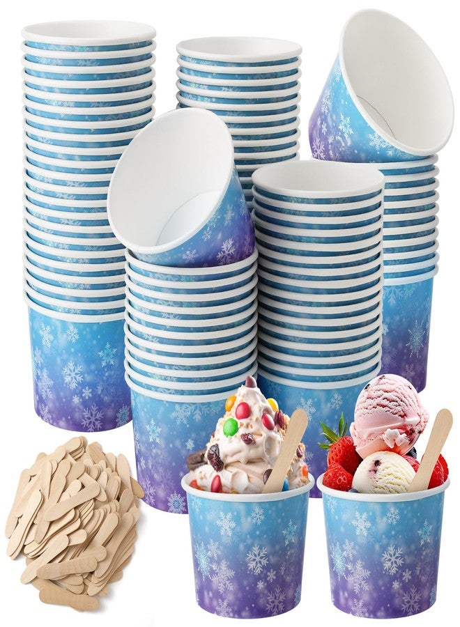 Potchen 100 Pack Snowflake Ice Cream Bowls Disposable 11 oz Paper Dessert Cups with Wooden Spoons Sundae Soup Containers for Winter Snowflake Frozens Birthday Party Supplies Favors - Image 1
