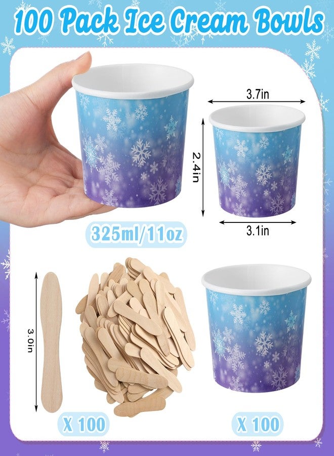Potchen 100 Pack Snowflake Ice Cream Bowls Disposable 11 oz Paper Dessert Cups with Wooden Spoons Sundae Soup Containers for Winter Snowflake Frozens Birthday Party Supplies Favors - Image 2