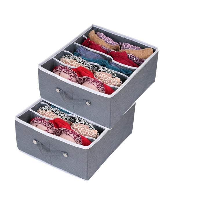 5 GRID NONWOVEN JEANS ORGANIZER WITH HANDLE FOLDABLE CLOTHES DRAWER CLOSET WARDROBE STORAGE BOX FOR DRESSES TSHIRTS PANTS SHIRTS GREY SET OF 2