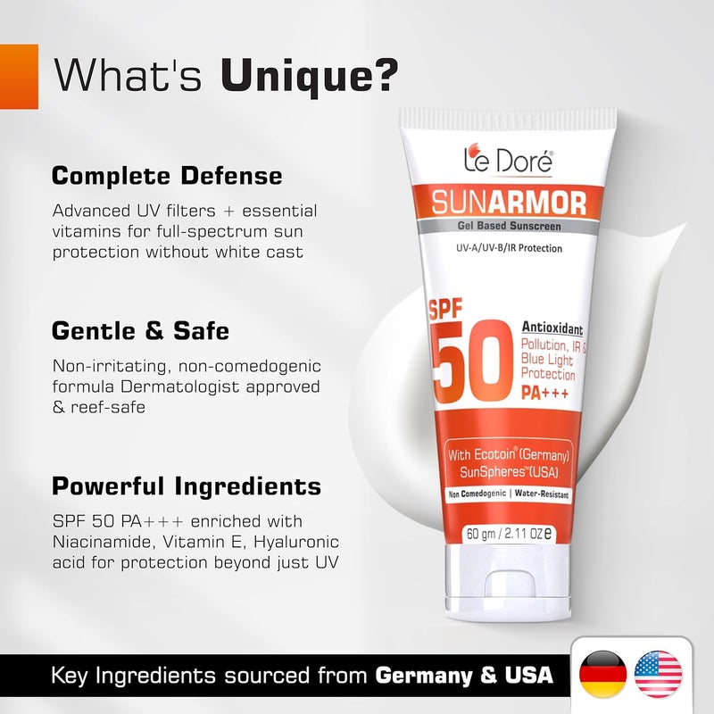 Le Dore جل واقي الشمس لي دوره صن آرمور SPF 50 PA حماية واسعة الطيف من الأشعة فوق البنفسجية UVA/UVB والأشعة تحت الحمراء IR والضوء الأزرق والتلوث 60 جرام - Image 4