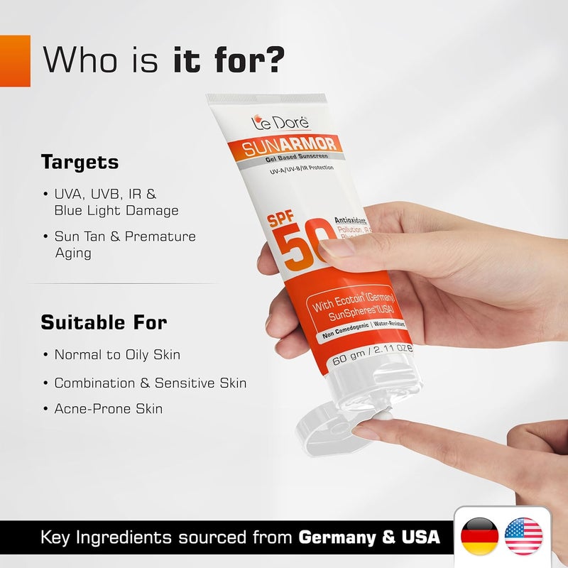 Le Dore جل واقي الشمس لي دوره صن آرمور SPF 50 PA حماية واسعة الطيف من الأشعة فوق البنفسجية UVA/UVB والأشعة تحت الحمراء IR والضوء الأزرق والتلوث 60 جرام - Image 3