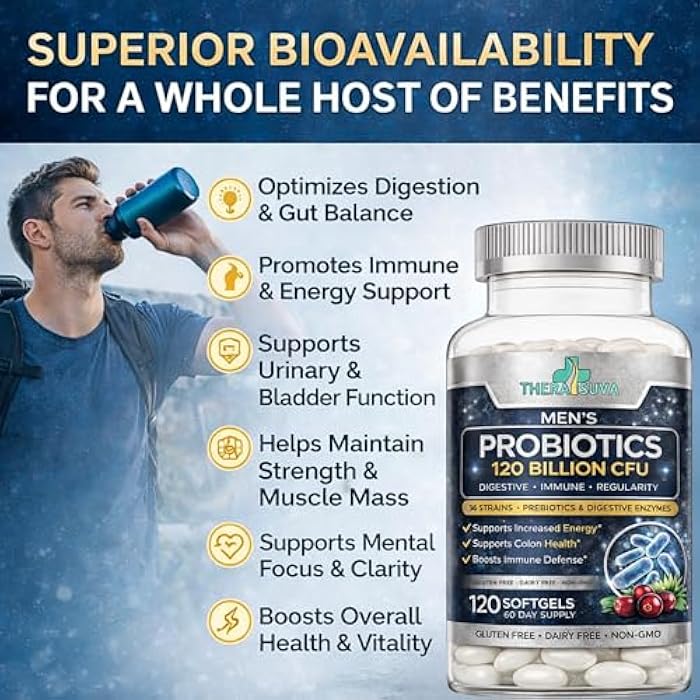 TheraSuva Men’s Advanced Probiotics 120 Billion CFU - 36 Strains + Prebiotics, Enzymes & Veggie Blend for Gut, Immune & Colon Health - 2 Month Supply, 120 Softgels - Image 2