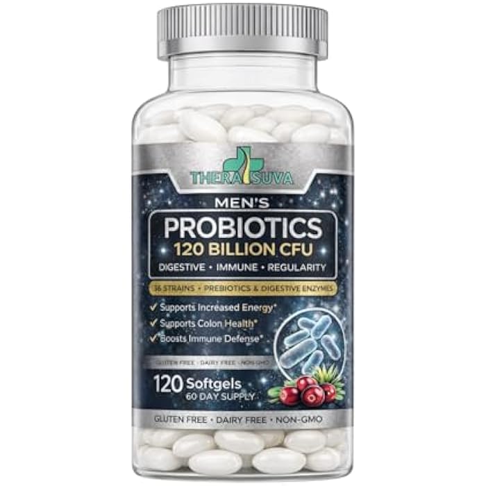 TheraSuva Men’s Advanced Probiotics 120 Billion CFU - 36 Strains + Prebiotics, Enzymes & Veggie Blend for Gut, Immune & Colon Health - 2 Month Supply, 120 Softgels - Image 1