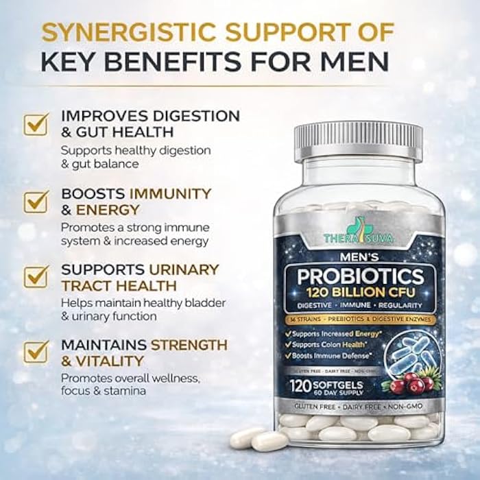 TheraSuva Men’s Advanced Probiotics 120 Billion CFU - 36 Strains + Prebiotics, Enzymes & Veggie Blend for Gut, Immune & Colon Health - 2 Month Supply, 120 Softgels - Image 5