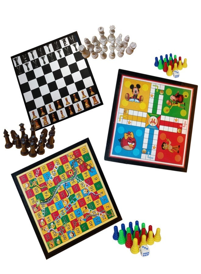Hyorts Wooden Board Game Set for Kids Adults, Tabletop Combo Classic Travel Portable Board Games (Ludo, Chess, Snake Ladder) - Image 1