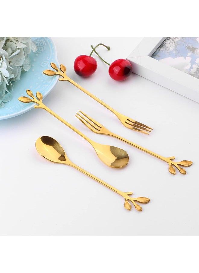 HY 12 Pcs Stainless Steel Gold Leaf Coffee Spoon and Cake Fruit Forks Kitchen Accessory Wedding Party for Dessert, Salad, Appetizer, Spoon and Fork Set (6 Forks + 6 Spoons) (Gold)  - Image 3