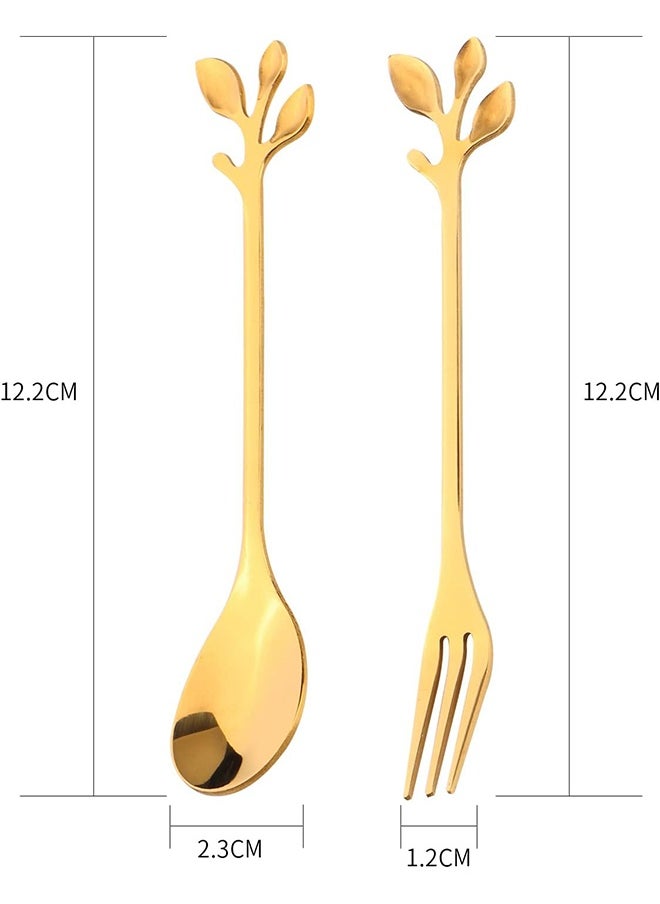 HY 12 Pcs Stainless Steel Gold Leaf Coffee Spoon and Cake Fruit Forks Kitchen Accessory Wedding Party for Dessert, Salad, Appetizer, Spoon and Fork Set (6 Forks + 6 Spoons) (Gold)  - Image 2