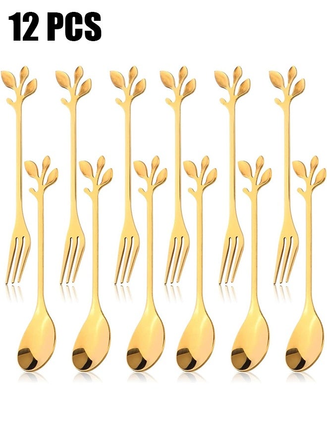 HY 12 Pcs Stainless Steel Gold Leaf Coffee Spoon and Cake Fruit Forks Kitchen Accessory Wedding Party for Dessert, Salad, Appetizer, Spoon and Fork Set (6 Forks + 6 Spoons) (Gold)  - Image 1
