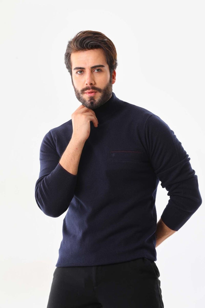 Sanfa Men's Half Turtleneck Pure Wool Sweater 2702 Navy Blue  - Image 1
