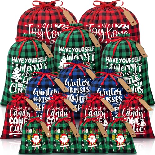 FLOE 16 PCS Christmas Drawstring Gift Bags with Tags Buffalo Plaid Large Xmas Gift Bags Assorted Sizes Bulk Cotton Fabric Holiday Gift Bag Jumbo Medium Small Xmas Wrapping Bag for Presents Party Favors - Image 1