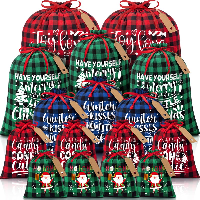 FLOE 16 PCS Christmas Drawstring Gift Bags with Tags Buffalo Plaid Large Xmas Gift Bags Assorted Sizes Bulk Cotton Fabric Holiday Gift Bag Jumbo Medium Small Xmas Wrapping Bag for Presents Party Favors - Image 2