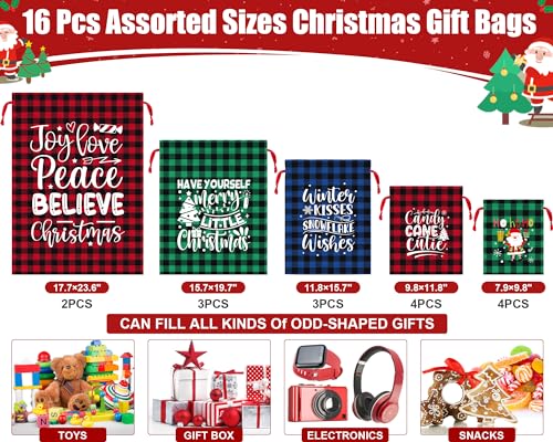 FLOE 16 PCS Christmas Drawstring Gift Bags with Tags Buffalo Plaid Large Xmas Gift Bags Assorted Sizes Bulk Cotton Fabric Holiday Gift Bag Jumbo Medium Small Xmas Wrapping Bag for Presents Party Favors - Image 3