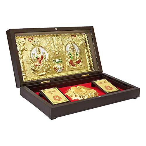 ARNAVIRA Gold Plated Lakshmi with Kalash Photo Frame with Charan Paduka Pocket Temple for Diwali Gift, House Warming Gifts, Return Gift Puja Box - Image 2