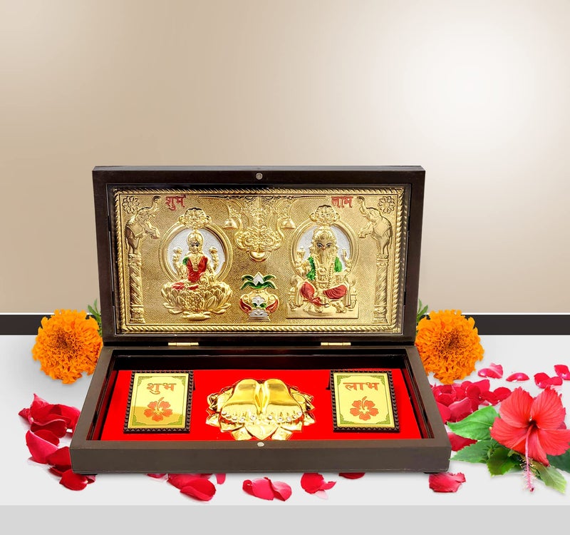ARNAVIRA Gold Plated Lakshmi with Kalash Photo Frame with Charan Paduka Pocket Temple for Diwali Gift, House Warming Gifts, Return Gift Puja Box - Image 3