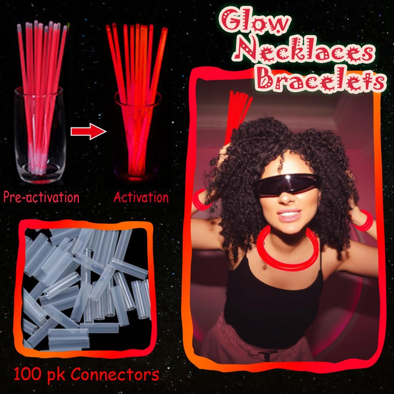ILHSTY 100 Pcs 8'' Red Glow Sticks Glow Necklaces In The Dark Party Favors Supplies Bright GlowSticks Bulk with Accessories for Birthday Christmas New Year Halloween 4th of July Neon Party (Red*100) - Image 3
