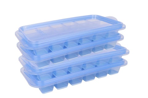AARON INC Small POPUP Ice Cube Tray with Flexible Silicon Bottom and Lid 18 Cube Trays for Freezer with Easy Release Stackable 100 BPA Free Food Grade Blue Pack of 4