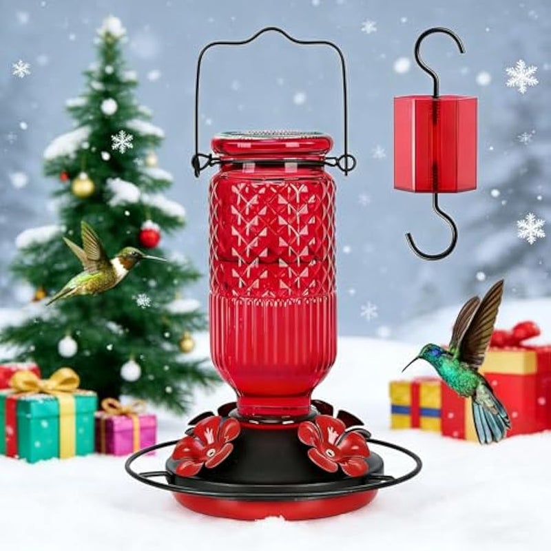 Arabest Glass Hummingbird Feeder for Outdoors Hanging, 16 OZ Humming Birds Feeders with 4 Bee Guard Feeding Ports & Built-in Ant Moat, Bird Feeder for Outside, Gifts for Women Mom, Red - Image 1