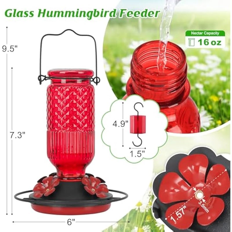Arabest Glass Hummingbird Feeder for Outdoors Hanging, 16 OZ Humming Birds Feeders with 4 Bee Guard Feeding Ports & Built-in Ant Moat, Bird Feeder for Outside, Gifts for Women Mom, Red - Image 2