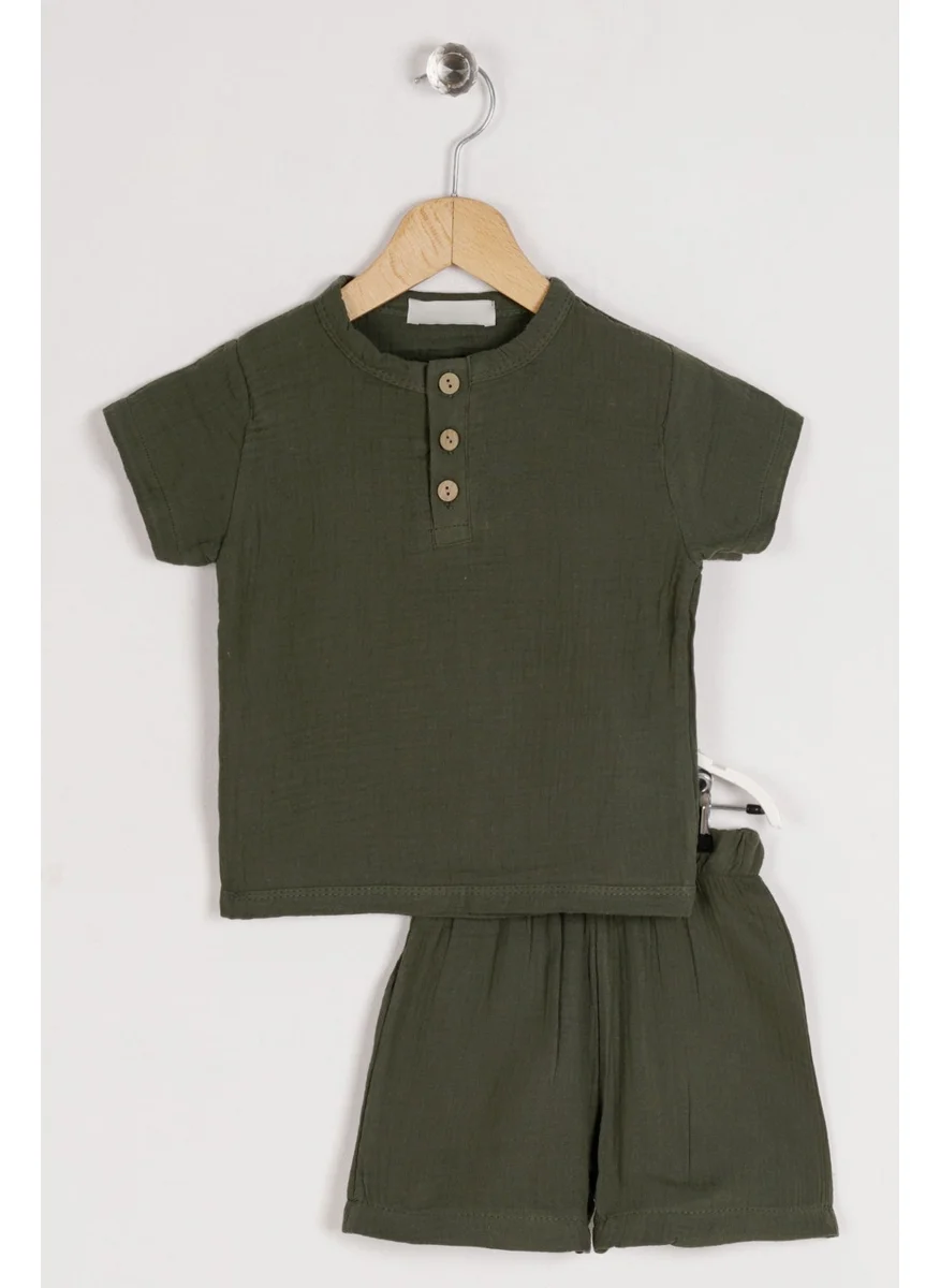 Zepkids Boy Khaki Colored Crew Neck Button Detailed Short Sleeve Shorts Set