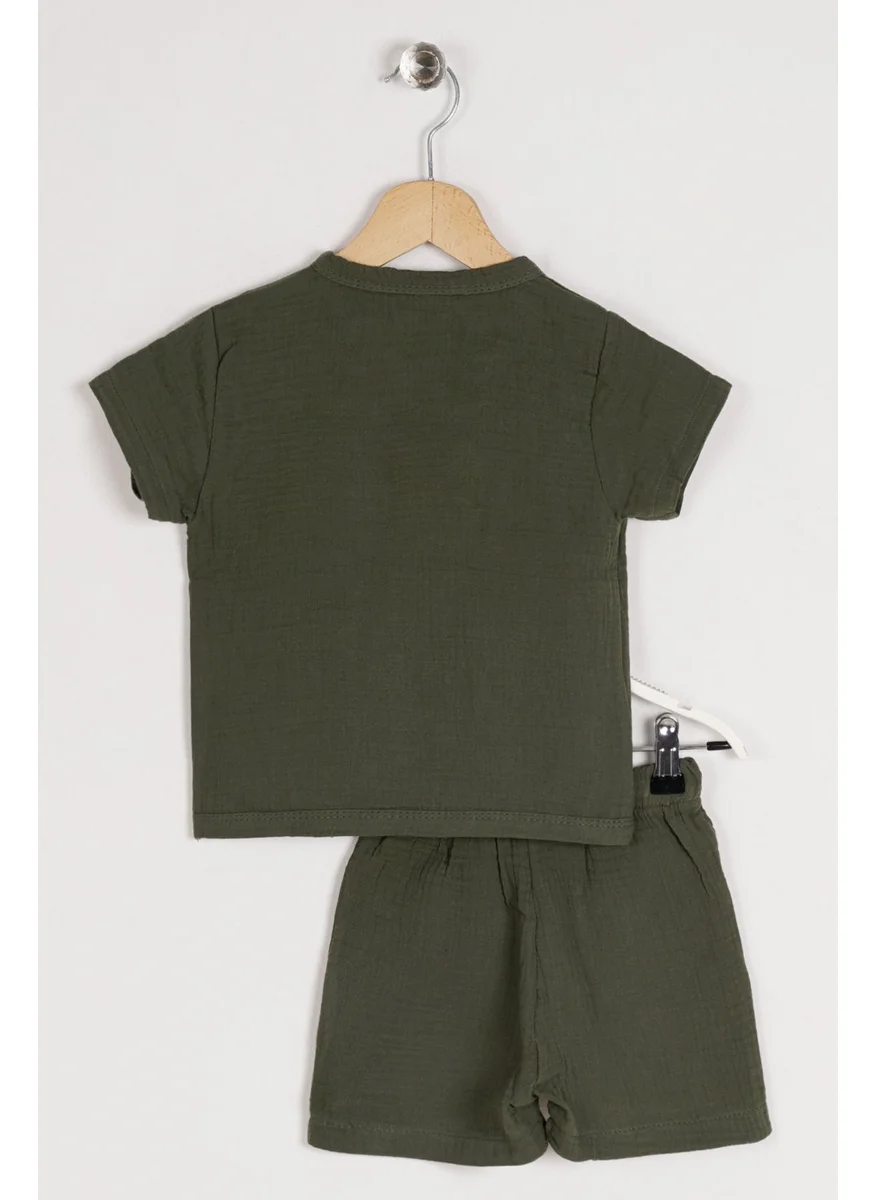 Zepkids Boy Khaki Colored Crew Neck Button Detailed Short Sleeve Shorts Set