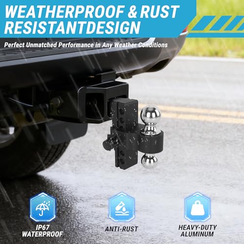 TAGLLY Adjustable Trailer Hitch Fits 2-Inch Receiver, 6" Drop/Rise Heavy Duty Aluminum Tow Hitches with Dual Balls (2" & 2-5/16") for Truck, Includes Two Pin Locks & Hitch Tightener - Image 3
